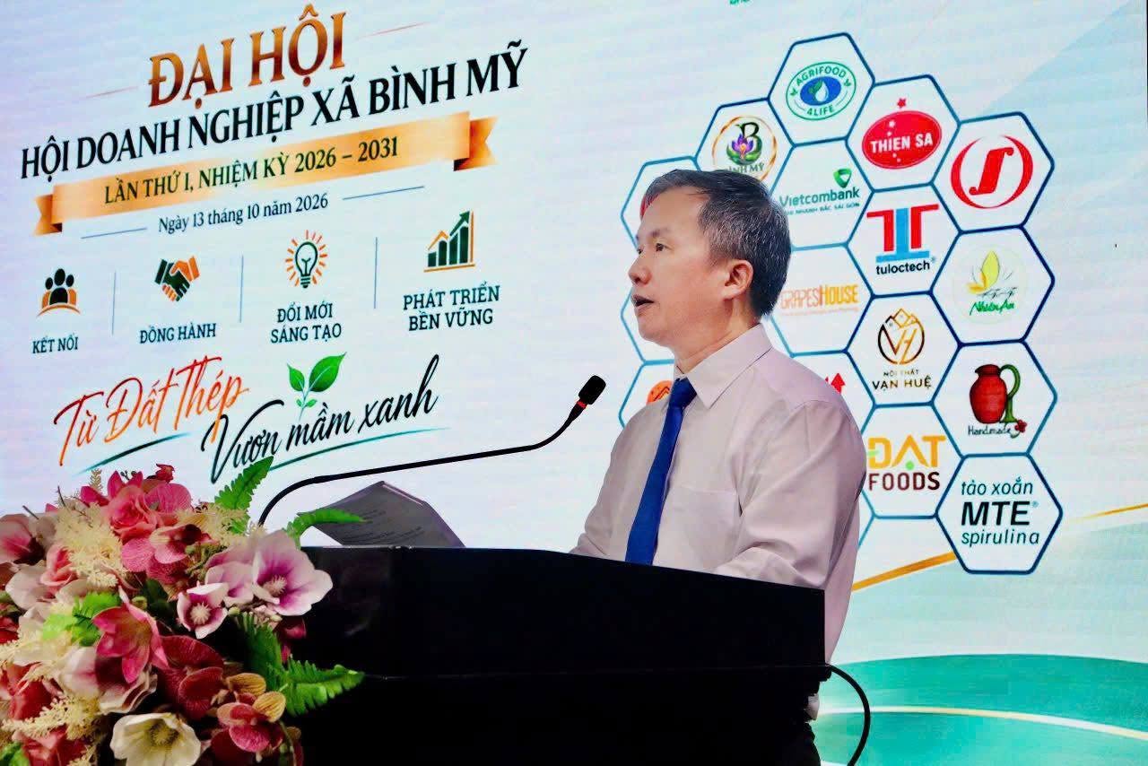 Đại hội Hội Doanh nghiệp xã Bình Mỹ lần thứ I với đại diện doanh nghiệp phát biểu tại sự kiện.